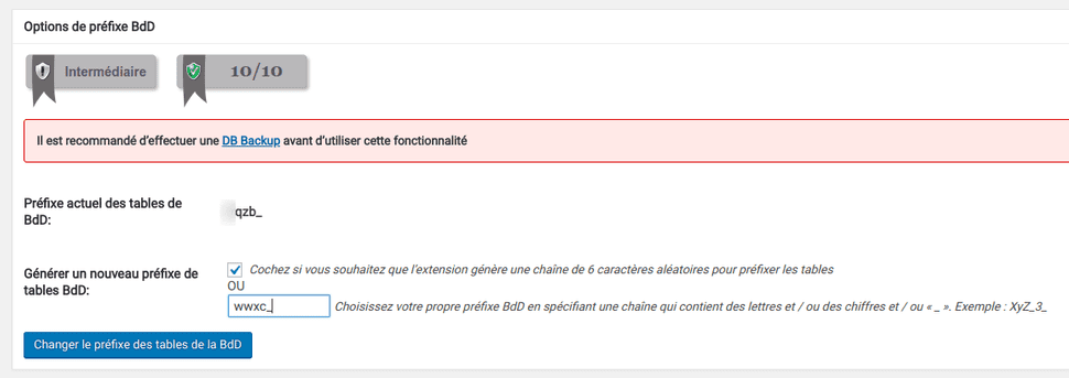 All in one WP security - changer les préfixe de la base de données